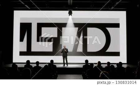 A dynamic shot of a speaker on a stage. Business presentation, keynote speech, thought leadership 130831014