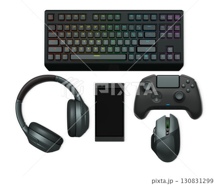 Gaming headset, console controller, ergonomic mouse, and RGB keyboard isolated on white background with clipping path, concept of gaming accessories Gaming headset, console controller, ergonomic mouse, and RGB keyboard isolated on white background with clipping path, concept of gaming accessories 130831299
