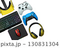 Gaming keyboard with RGB lighting, controllers, VR headset, mouse and headphones isolated on white background with clipping path, concept of gaming setup 130831304