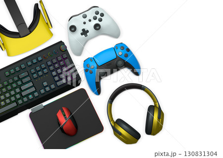 Gaming keyboard with RGB lighting, controllers, VR headset, mouse and headphones isolated on white background with clipping path, concept of gaming setup Gaming keyboard with RGB lighting, controllers, VR headset, mouse and headphones isolated on white background with clipping path, concept of gaming setup 130831304