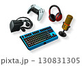 Gaming accessories including VR headset, RGB keyboard, headphones, and microphone shown isolated on white background with clipping path, tech concept 130831305