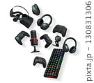Gaming gear assortment with controllers, keyboard, headset, mouse, and mic isolated on white background with clipping path. Concept of gaming setup 130831306