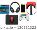 Gaming keyboard with RGB lighting, controllers, VR headset, mouse and headphones isolated on white background with clipping path, concept of gaming setup 130831322