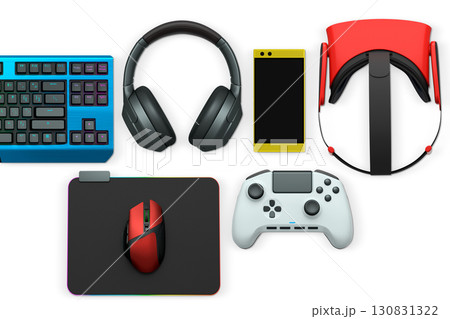 Gaming keyboard with RGB lighting, controllers, VR headset, mouse and headphones isolated on white background with clipping path, concept of gaming setup Gaming keyboard with RGB lighting, controllers, VR headset, mouse and headphones isolated on white background with clipping path, concept of gaming setup 130831322