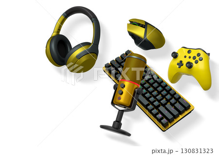 Gaming and streaming accessories including RGB keyboard, wireless mouse, headphones, mic, joystick isolated on white background with clipping path, tech concept Gaming and streaming accessories including RGB keyboard, wireless mouse, headphones, mic, joystick isolated on white background with clipping path, tech concept 130831323