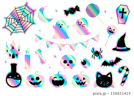 ハロウィンのパステルホログラム風ステッカー調デザインのイラストセット ハロウィンのパステルホログラム風ステッカー調デザインのイラストセット 130831425