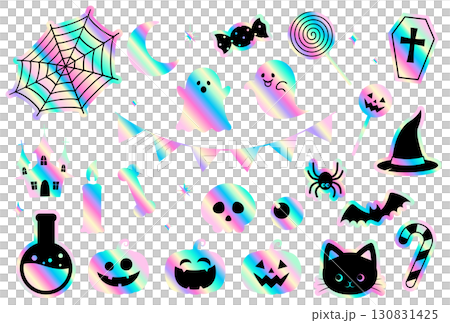 ハロウィンのパステルホログラム風ステッカー調デザインのイラストセット ハロウィンのパステルホログラム風ステッカー調デザインのイラストセット 130831425