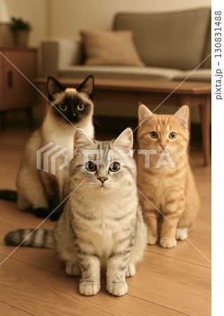 床に座る三匹の子猫 床に座る三匹の子猫 130831488