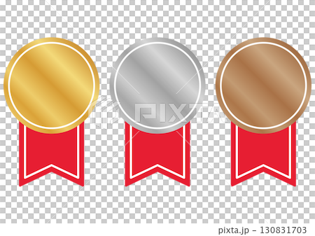 一套金牌、銀牌和銅牌，上面繫著紅色絲帶 130831703