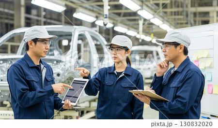自動車工場で改善策を議論する工場作業員 130832020