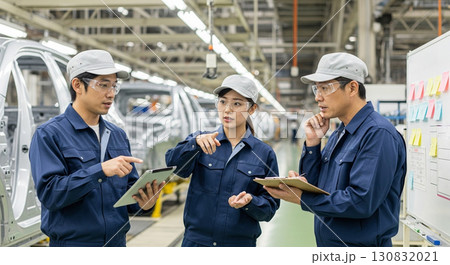 自動車工場で改善策を議論する工場作業員 130832021