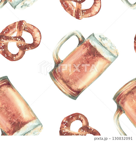 Mug of Beer with pretzel seamless pattern. Pint light beer, glass of ale and traditional Germany snack with salt. Watercolor hand painted isolated illustration. Bavarian food and drink at Oktoberfest. Mug of Beer with pretzel seamless pattern. Pint light beer, glass of ale and traditional Germany snack with salt. Watercolor hand painted isolated illustration. Bavarian food and drink at Oktoberfest. 130832091