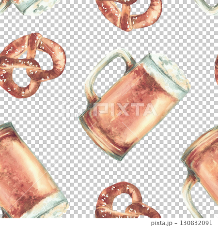 Mug of Beer with pretzel seamless pattern. Pint light beer, glass of ale and traditional Germany snack with salt. Watercolor hand painted isolated illustration. Bavarian food and drink at Oktoberfest. 130832091