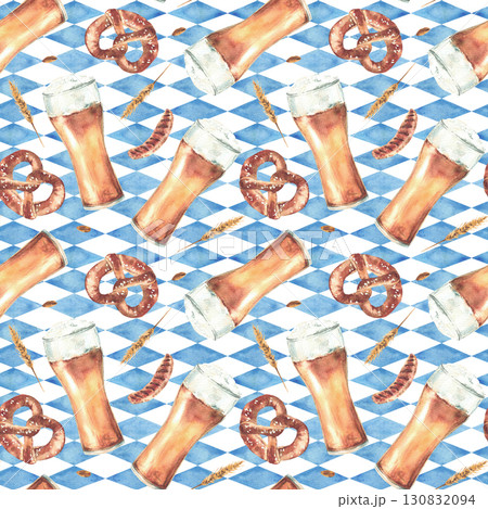 Watercolor Pretzel with glass of beer, sausage, spike of malt on blue rhombus Bavarian flags isolated white background seamless pattern. Oktoberfest food drink hand drawn illustration for fabric print 130832094