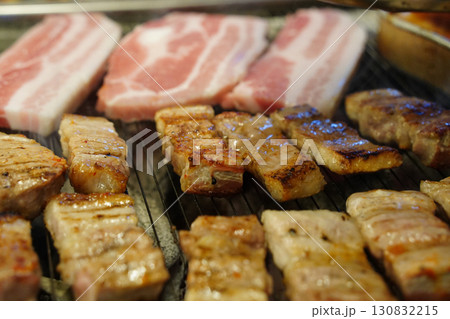 Korean Samgyeopsal (Pork Belly) Grilling on Hot Plate 130832215