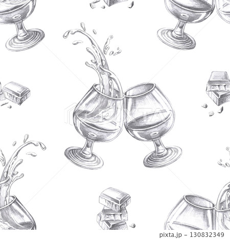 Seamless pattern with glasses of cognac and chocolate bars. Hand-drawn pencil illustration on the theme of alcoholic drinks for interior design of a bar, restaurant, bar menu, packaging Seamless pattern with glasses of cognac and chocolate bars. Hand-drawn pencil illustration on the theme of alcoholic drinks for interior design of a bar, restaurant, bar menu, packaging 130832349