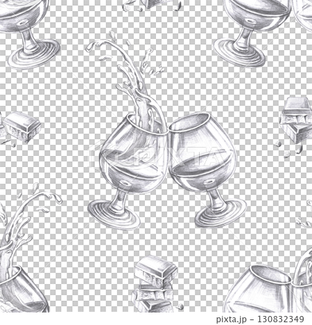 Seamless pattern with glasses of cognac and chocolate bars. Hand-drawn pencil illustration on the theme of alcoholic drinks for interior design of a bar, restaurant, bar menu, packaging Seamless pattern with glasses of cognac and chocolate bars. Hand-drawn pencil illustration on the theme of alcoholic drinks for interior design of a bar, restaurant, bar menu, packaging 130832349