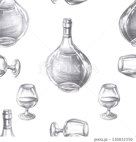 Seamless pattern with bottle and glasses of cognac. Hand-drawn pencil illustration on the theme of alcoholic drinks for interior design of bar, restaurant, bar menu, packaging, printing on fabric. 130832350