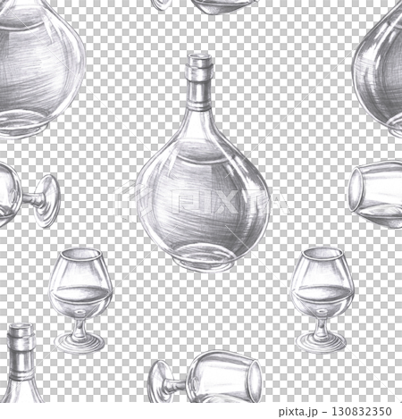 Seamless pattern with bottle and glasses of cognac. Hand-drawn pencil illustration on the theme of alcoholic drinks for interior design of bar, restaurant, bar menu, packaging, printing on fabric. 130832350