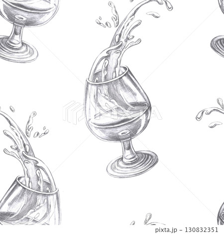 Seamless pattern with glasses of cognac and splashes. Expressive pencil illustration on the theme of alcoholic drinks for the interior design of a bar, restaurant, bar menu, packaging. Seamless pattern with glasses of cognac and splashes. Expressive pencil illustration on the theme of alcoholic drinks for the interior design of a bar, restaurant, bar menu, packaging. 130832351