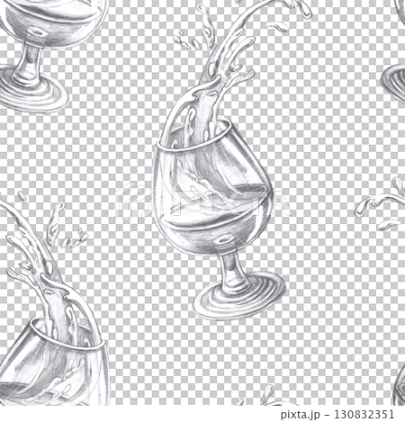 Seamless pattern with glasses of cognac and splashes. Expressive pencil illustration on the theme of alcoholic drinks for the interior design of a bar, restaurant, bar menu, packaging. Seamless pattern with glasses of cognac and splashes. Expressive pencil illustration on the theme of alcoholic drinks for the interior design of a bar, restaurant, bar menu, packaging. 130832351