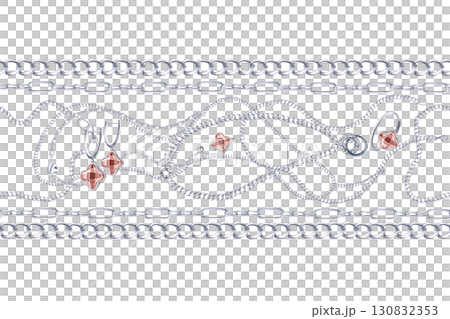 Seamless border of various necklaces, chains, pendants, lockets, earrings made of silver. Isolated watercolor illustration is hand-drawn for packaging design, interior design, printing on fabric. Seamless border of various necklaces, chains, pendants, lockets, earrings made of silver. Isolated watercolor illustration is hand-drawn for packaging design, interior design, printing on fabric. 130832353