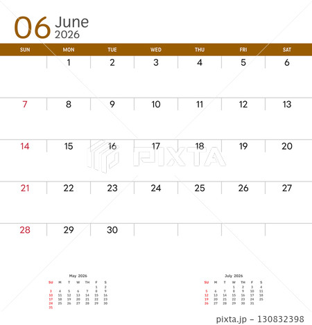 June 2026 Calendar. Week start on Sunday. Desk calendar 2026 design, simple and clean design, Wall calendar for print, digital calendar, Corporate design planner template vector. June 2026 Calendar. Week start on Sunday. Desk calendar 2026 design, simple and clean design, Wall calendar for print, digital calendar, Corporate design planner template vector. 130832398