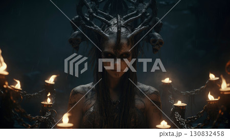 A girl in a shaman costume against a forest background calls on spirits 130832458