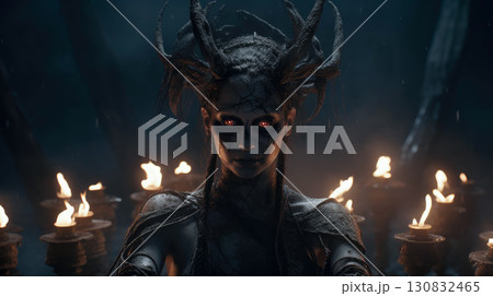 A girl in a shaman costume against a forest background calls on spirits 130832465