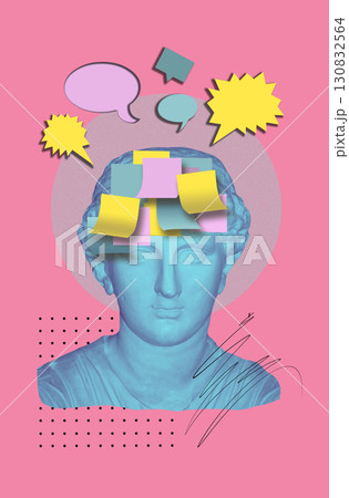 Modern creative collage with ancient statue head. Contemporary art poster. Design with colorful sticky notes as memory concept on pink background 130832564