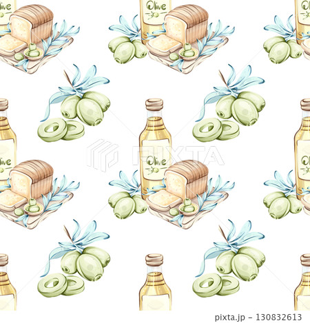 Olives and olive oil seamless pattern background wallpaper illustrating the essence of Italian cuisine and natures beauty featuring fresh olives healthy bread and vibrant colors that celebrate 130832613