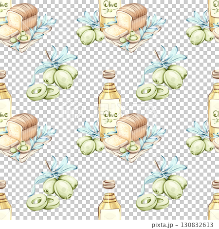 Olives and olive oil seamless pattern background wallpaper illustrating the essence of Italian cuisine and natures beauty featuring fresh olives healthy bread and vibrant colors that celebrate 130832613
