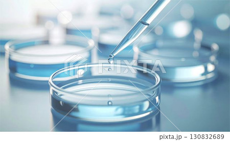 ペトリ皿に滴る液体。AI生成の医療、研究、科学実験コンセプト 130832689