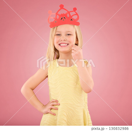 Girl, child and smile portrait with a crown in studio on a pink background with smile and prop. Female princess kid model with happiness, creativity and royal icon in hand isolated on color and space Girl, child and smile portrait with a crown in studio on a pink background with smile and prop. Female princess kid model with happiness, creativity and royal icon in hand isolated on color and space 130832986