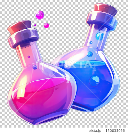AI-generated item. Two 3D fantasy potion bottles with a pink and blue liquid. 130833066