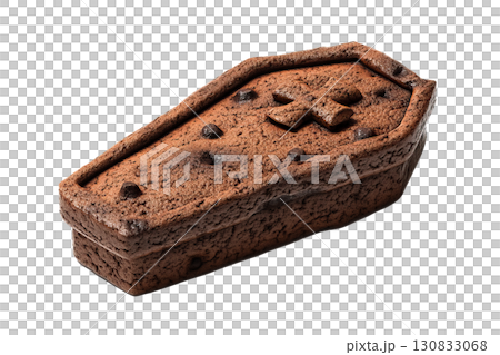 A coffin-shaped brownie with a cross on top. AI-generated item 130833068