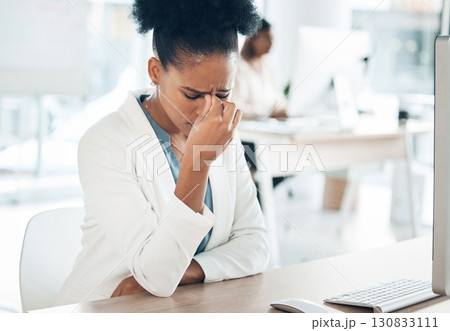 Stress, headache and sad woman on computer with career burnout, anxiety or mental health risk in office. Crying, pain and depression of tired business person with anxiety for mistake, fail or fatigue 130833111