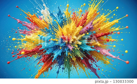 Multiple colors exploding on a vibrant blue background, creating energetic and dynamic visual. 130833300