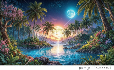 Tropical paradise with palm trees, blooming flowers, and a big moon rising over the ocean at sunset. 130833301