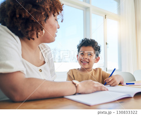 Education, mother or child writing for kindergarten homework or artistic school project at home. Drawing, color or happy mom working or helping a creative boy student with development as a family Education, mother or child writing for kindergarten homework or artistic school project at home. Drawing, color or happy mom working or helping a creative boy student with development as a family 130833322