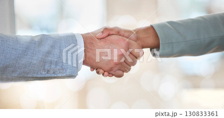 Handshake, deal and business people with a welcome meeting, thank you and support. B2b, together and employees shaking hands for success, achievement and agreement about corporate onboarding 130833361