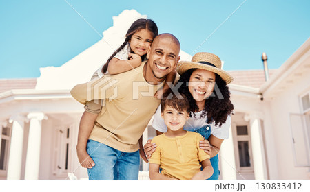 Happy, smile and portrait of family and piggyback for bonding, affectionate and playful at new house. Happiness, security and investment with parents and children moving at home for care and support 130833412