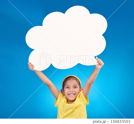 Speech bubble, thinking and portrait of child with idea, opinion and announcement on blue background studio. Talking, speaking mockup and excited, happy and young girl with smile, poster and banner Speech bubble, thinking and portrait of child with idea, opinion and announcement on blue background studio. Talking, speaking mockup and excited, happy and young girl with smile, poster and banner 130833501
