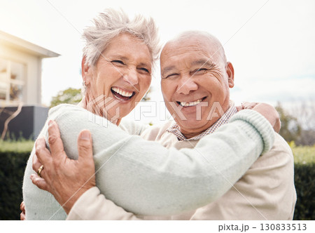 Portrait, love and senior coupe hug, outdoor and happiness for relationship, romance and anniversary. Face, happy mature man and old woman embrace, outside and romantic with smile, loving and bonding Portrait, love and senior coupe hug, outdoor and happiness for relationship, romance and anniversary. Face, happy mature man and old woman embrace, outside and romantic with smile, loving and bonding 130833513