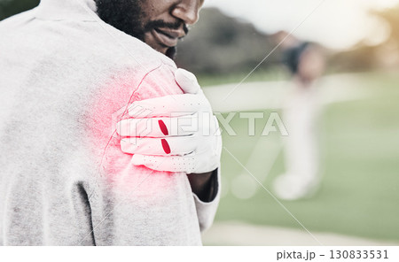 Sports, muscle and golf, black man with shoulder pain during game, massage and relief in health and wellness. Green, hand on injury in support and African golfer with ache at golfing workout on grass Sports, muscle and golf, black man with shoulder pain during game, massage and relief in health and wellness. Green, hand on injury in support and African golfer with ache at golfing workout on grass 130833531