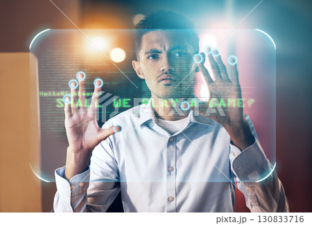 Futuristic, hologram and touch screen, man in future technology and digital overlay on data in virtual reality. Hands on biometric cyber security business, innovation and ux design user in vr office. Futuristic, hologram and touch screen, man in future technology and digital overlay on data in virtual reality. Hands on biometric cyber security business, innovation and ux design user in vr office. 130833716