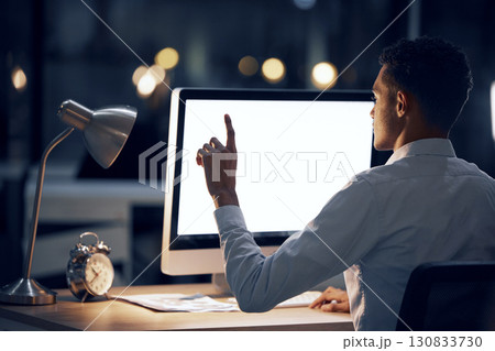 Computer mock up, night and man point at crypto finance database, bitcoin mining dashboard or NFT investment data. Fintech system, forex trading platform or back of trader with virtual interactive ui Computer mock up, night and man point at crypto finance database, bitcoin mining dashboard or NFT investment data. Fintech system, forex trading platform or back of trader with virtual interactive ui 130833730