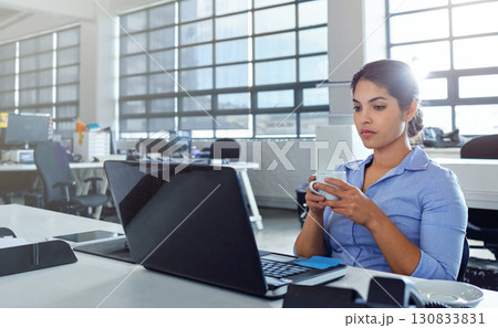 Serious, office laptop or woman reading financial savings, digital finance budget or accounting review. Administration database, tea drink or accountant thinking of data of feedback statistics Serious, office laptop or woman reading financial savings, digital finance budget or accounting review. Administration database, tea drink or accountant thinking of data of feedback statistics 130833831