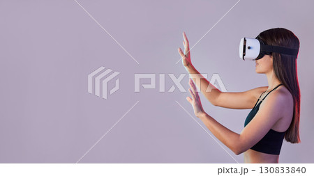 Virtual reality, fitness metaverse and woman in studio isolated on a purple background mockup. 3d gamer, vr and female athlete with futuristic headset for gaming, exploration and fantasy simulation. Virtual reality, fitness metaverse and woman in studio isolated on a purple background mockup. 3d gamer, vr and female athlete with futuristic headset for gaming, exploration and fantasy simulation. 130833840