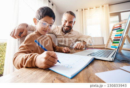 Math education, learning and father with child in home with book for studying, homework or homeschool. Development care, growth and boy or child with happy man teaching him how to count numbers. 130833943